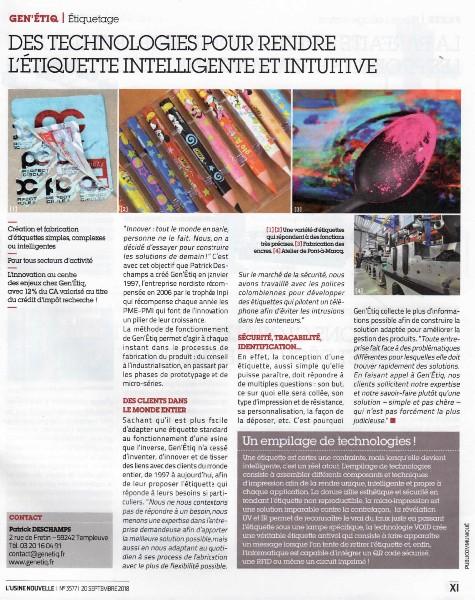 Article sur Gen'étiq, paru dans le magazine l'Usine Nouvelle, en Septembre 2018